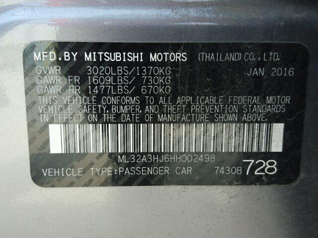 ML32A3HJ6HH002498 - 2017 MITSUBISHI MIRAGE GRAY photo 10