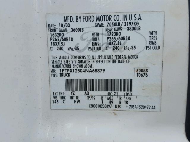 1FTPX12504NA68879 - 2004 FORD F150 WHITE photo 10