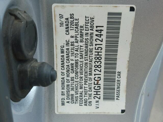 2HGFG12838H512441 - 2008 HONDA CIVIC EX GRAY photo 10