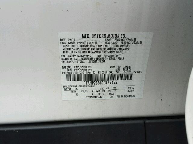 1FAHP2E86DG159455 - 2013 FORD TAURUS SEL WHITE photo 10