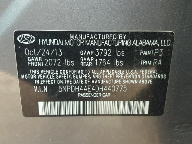 5NPDH4AE4DH440775 - 2013 HYUNDAI ELANTRA GRAY photo 10