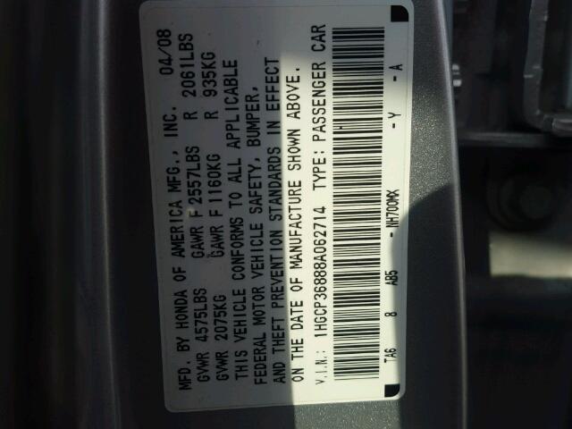 1HGCP36888A062714 - 2008 HONDA ACCORD EXL SILVER photo 10