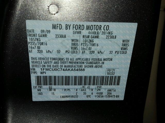 1FMCU0C74AKA54588 - 2010 FORD ESCAPE XLS GRAY photo 10