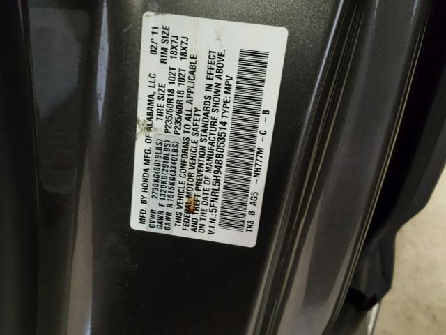 5FNRL5H94BB053514 - 2011 HONDA ODYSSEY TO GRAY photo 10