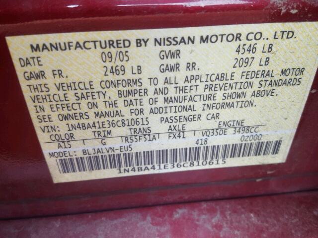 1N4BA41E36C810615 - 2006 NISSAN MAXIMA SE MAROON photo 10