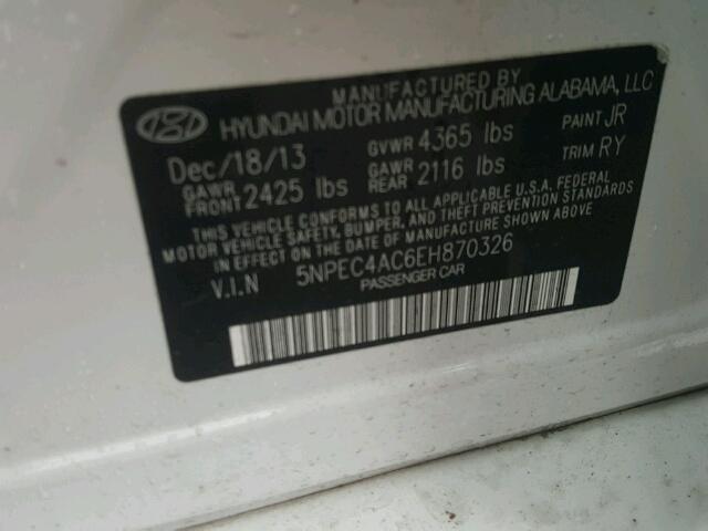 5NPEC4AC6EH870326 - 2014 HYUNDAI SONATA SE WHITE photo 10