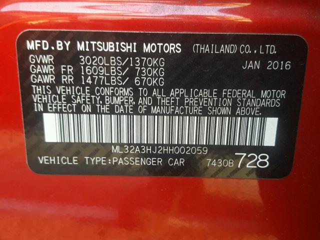 ML32A3HJ2HH002059 - 2017 MITSUBISHI MIRAGE ES RED photo 10