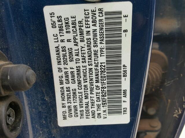 19XFB2F81FE078221 - 2015 HONDA CIVIC EX 蓝色 照片 10