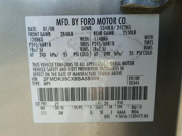 2FMDK39CX8BA58309 - 2008 FORD EDGE LIMIT SILVER photo 10