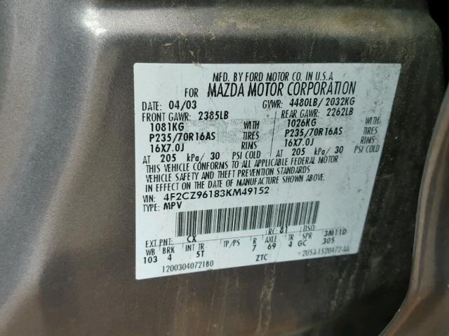 4F2CZ96183KM49152 - 2003 MAZDA TRIBUTE ES 银色 照片 10