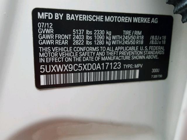 5UXWX9C5XD0A17123 - 2013 BMW X3 XDRIVE2 WHITE photo 10