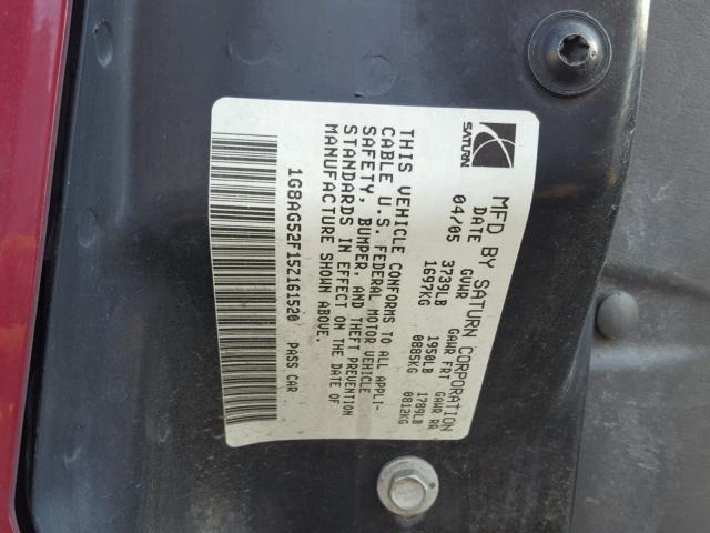 1G8AG52F15Z161520 - 2005 SATURN ION LEVEL MAROON photo 10
