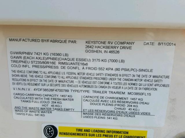 4YDF38526F4700789 - 2015 KEYSTONE MONTANA WHITE photo 10