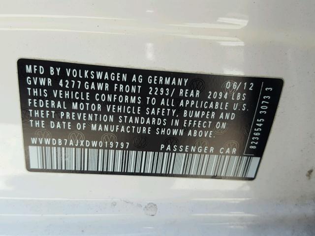 WVWDB7AJXDW019797 - 2013 VOLKSWAGEN GOLF WHITE photo 10