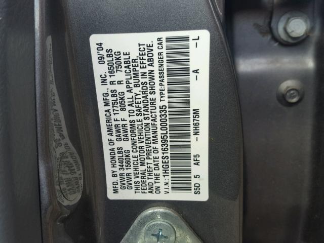 1HGES16395L000335 - 2005 HONDA CIVIC DX V GRAY photo 10