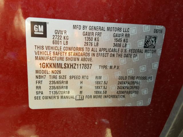 1GKKNMLSXHZ117837 - 2017 GMC ACADIA SLT წითელი ფოტო 10