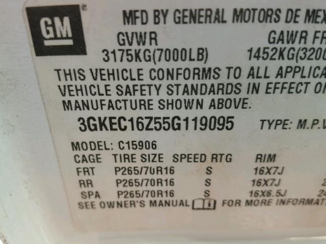 3GKEC16Z55G119095 - 2005 GMC YUKON XL C WHITE photo 10