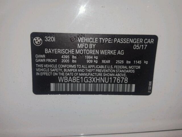 WBA8E1G3XHNU17678 - 2017 BMW 320 I WHITE photo 10
