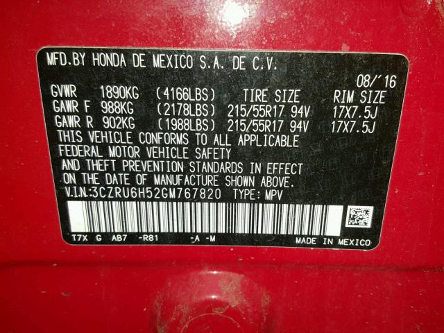 3CZRU6H52GM767820 - 2016 HONDA HR-V EX RED photo 10