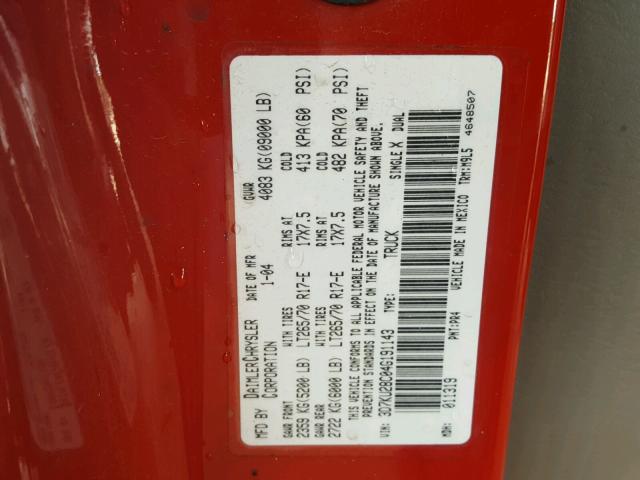 3D7KU28C04G191143 - 2004 DODGE RAM 2500 S RED photo 10