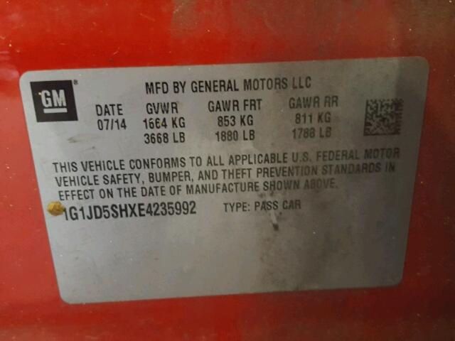 1G1JD5SHXE4235992 - 2014 CHEVROLET SONIC LT RED photo 10