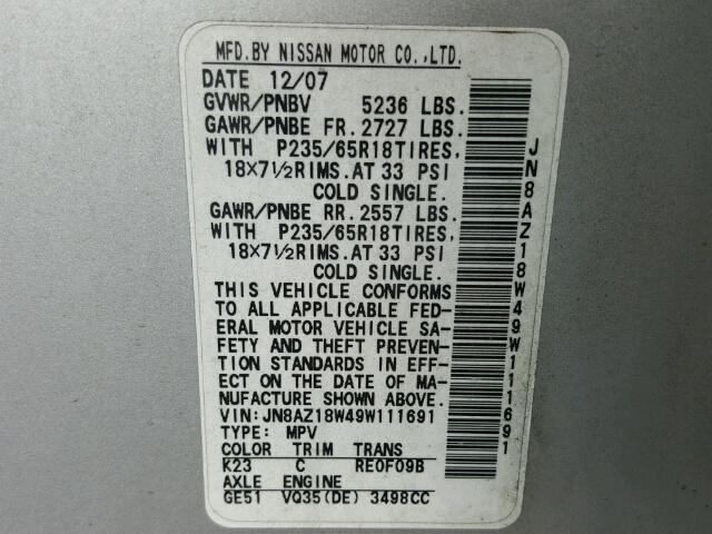 JN8AZ18W49W111691 - 2009 NISSAN MURANO S SILVER photo 10