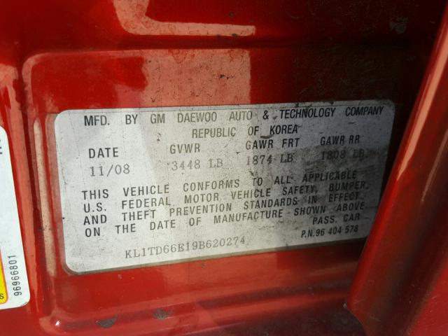 KL1TD66E19B620274 - 2009 CHEVROLET AVEO LS RED photo 10