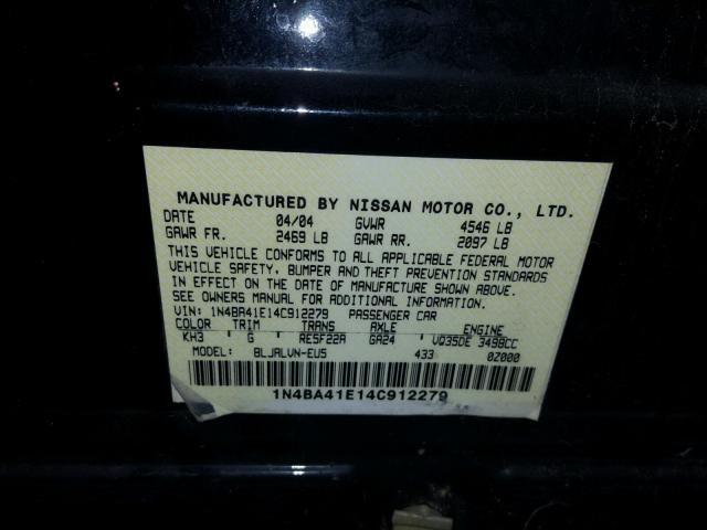 1N4BA41E14C912279 - 2004 NISSAN MAXIMA SE BLACK photo 10