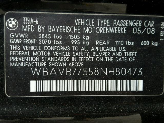 WBAVB77558NH80473 - 2008 BMW 335 BLACK photo 10