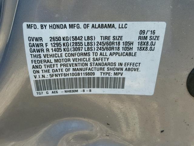 5FNYF6H10GB119809 - 2016 HONDA PILOT LX SILVER photo 10