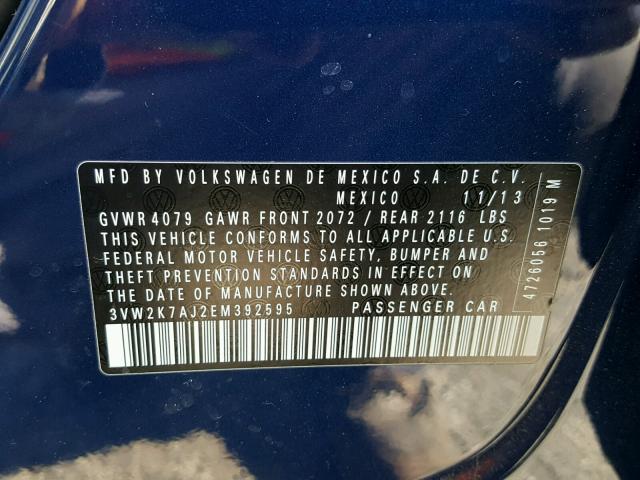 3VW2K7AJ2EM392595 - 2014 VOLKSWAGEN JETTA BASE BLUE photo 10