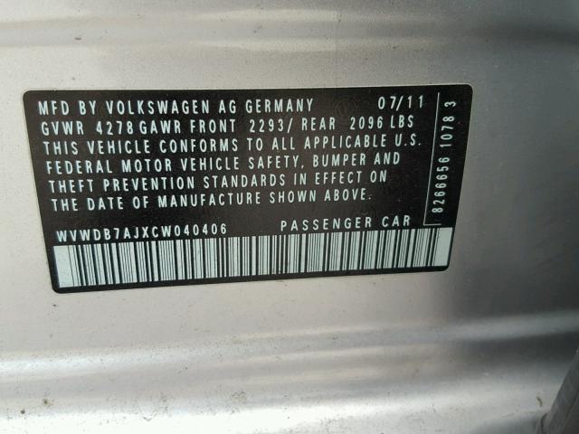 WVWDB7AJXCW040406 - 2012 VOLKSWAGEN GOLF SILVER photo 10