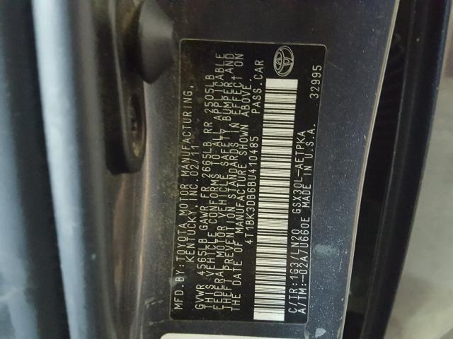 4T1BK3DB6BU410485 - 2011 TOYOTA AVALON BAS GRAY photo 10