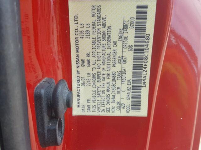 1N4AL24E08C104680 - 2008 NISSAN ALTIMA RED photo 10