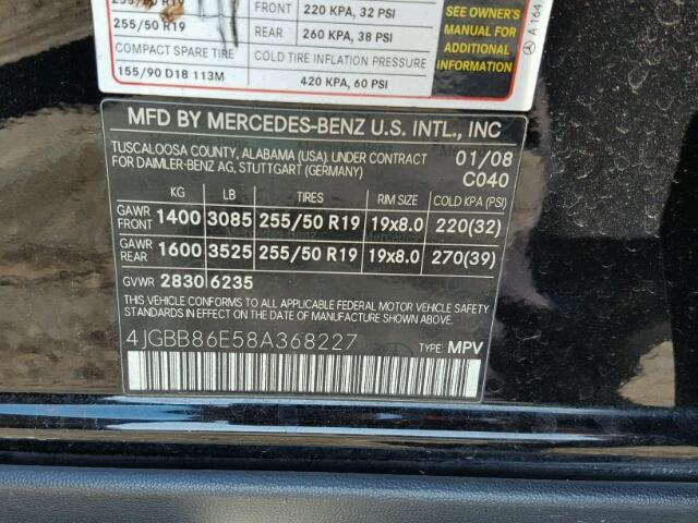 4JGBB86E58A368227 - 2008 MERCEDES-BENZ ML 350 BLACK photo 10