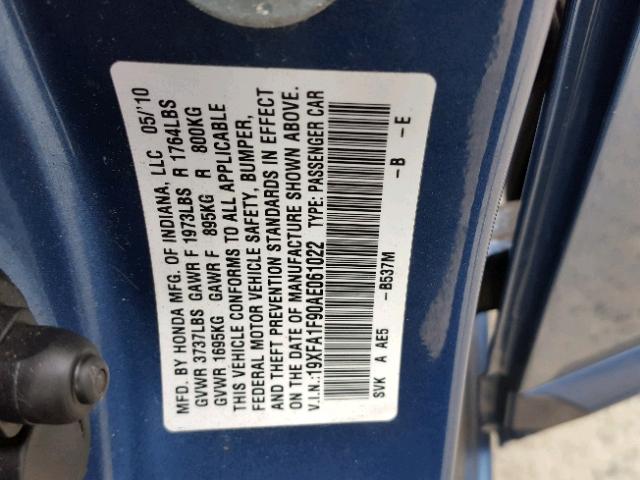 19XFA1F90AE061022 - 2010 HONDA CIVIC EXL 蓝色 照片 10