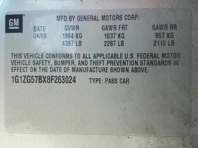 1G1ZG57BX8F263024 - 2008 CHEVROLET MALIBU LS SILVER photo 10