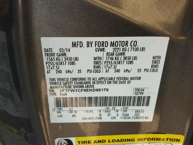 1FTFW1CF6EKD95179 - 2014 FORD F150 GRAY photo 10