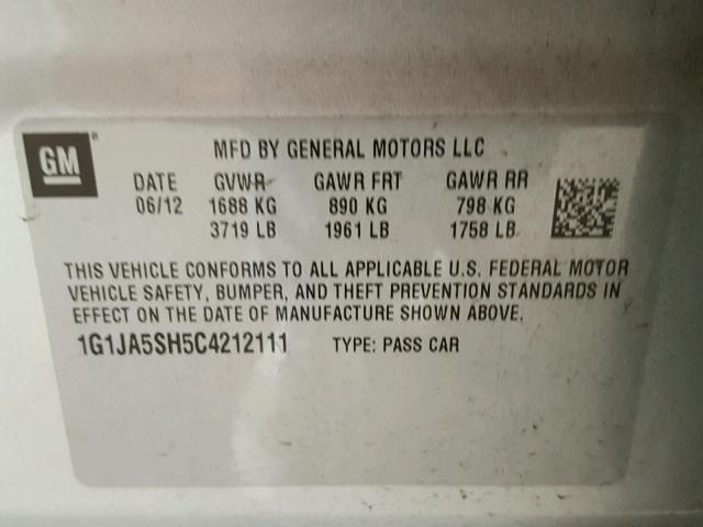 1G1JA5SH5C4212111 - 2012 CHEVROLET SONIC LS SILVER photo 10