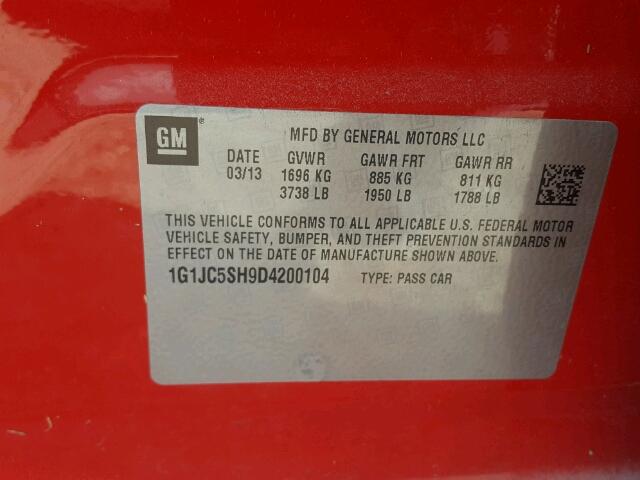 1G1JC5SH9D4200104 - 2013 CHEVROLET SONIC RED photo 10