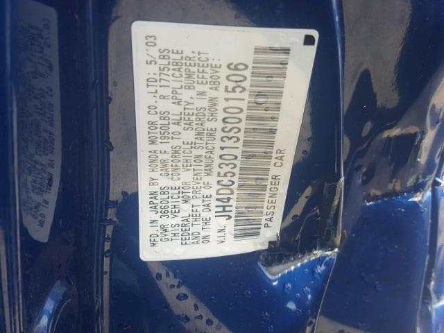 JH4DC53013S001506 - 2003 ACURA RSX TYPE-S BLUE photo 10