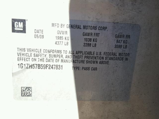 1G1ZH57B59F247831 - 2009 CHEVROLET MALIBU 1LT ოქროსფერი ფოტო 10