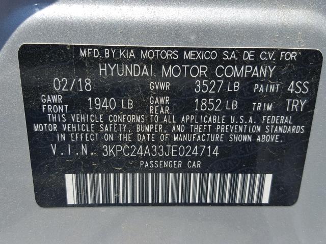 3KPC24A33JE024714 - 2018 HYUNDAI ACCENT SEL SILVER photo 10