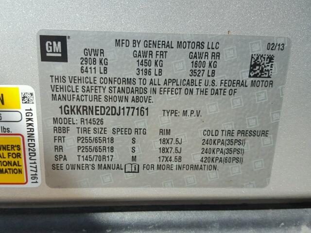 1GKKRNED2DJ177161 - 2013 GMC ACADIA SILVER photo 10