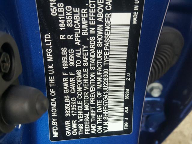 SHHFK7G41JU226300 - 2018 HONDA CIVIC SPOR BLUE photo 10