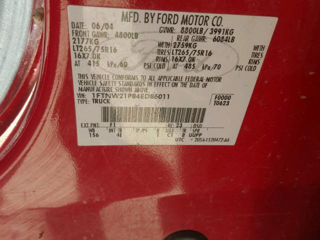 1FTNW21P84ED86011 - 2004 FORD F250 SUPER RED photo 10