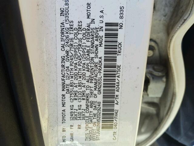 5TEJU62N95Z029248 - 2005 TOYOTA TACOMA WHITE photo 10