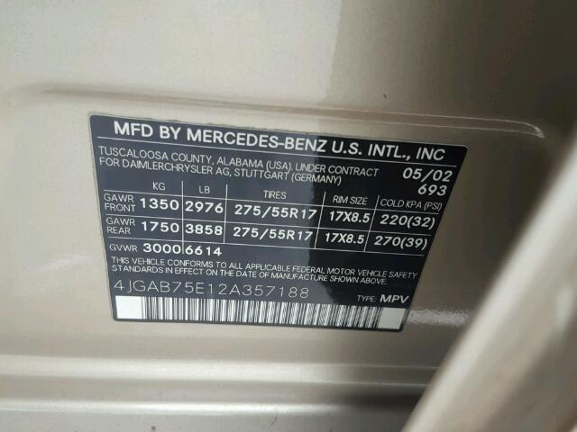 4JGAB75E12A357188 - 2002 MERCEDES-BENZ ML GOLD photo 10