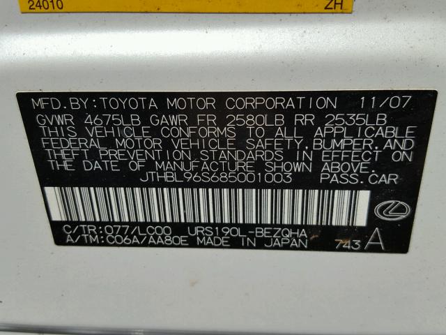 JTHBL96S685001003 - 2008 LEXUS GS 460 WHITE photo 10