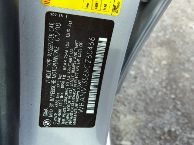 WBANV13568CZ60466 - 2008 BMW 528 XI SILVER photo 10